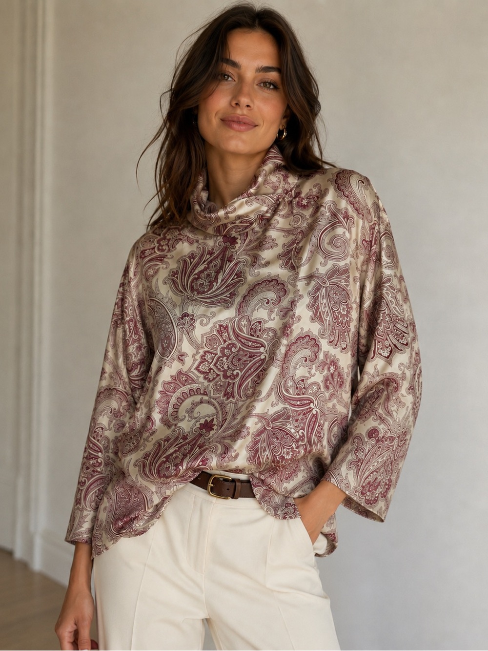 ETRO Milano 100% Silk Paisley Cowl Neck Blouse Top Burgundy Cream IT 40 US 4